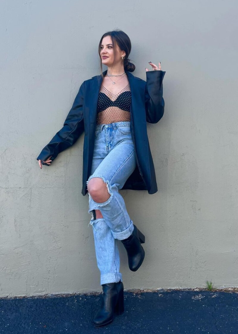 Brooke Hyland In Bralette and Jacket With Ripped Jeans