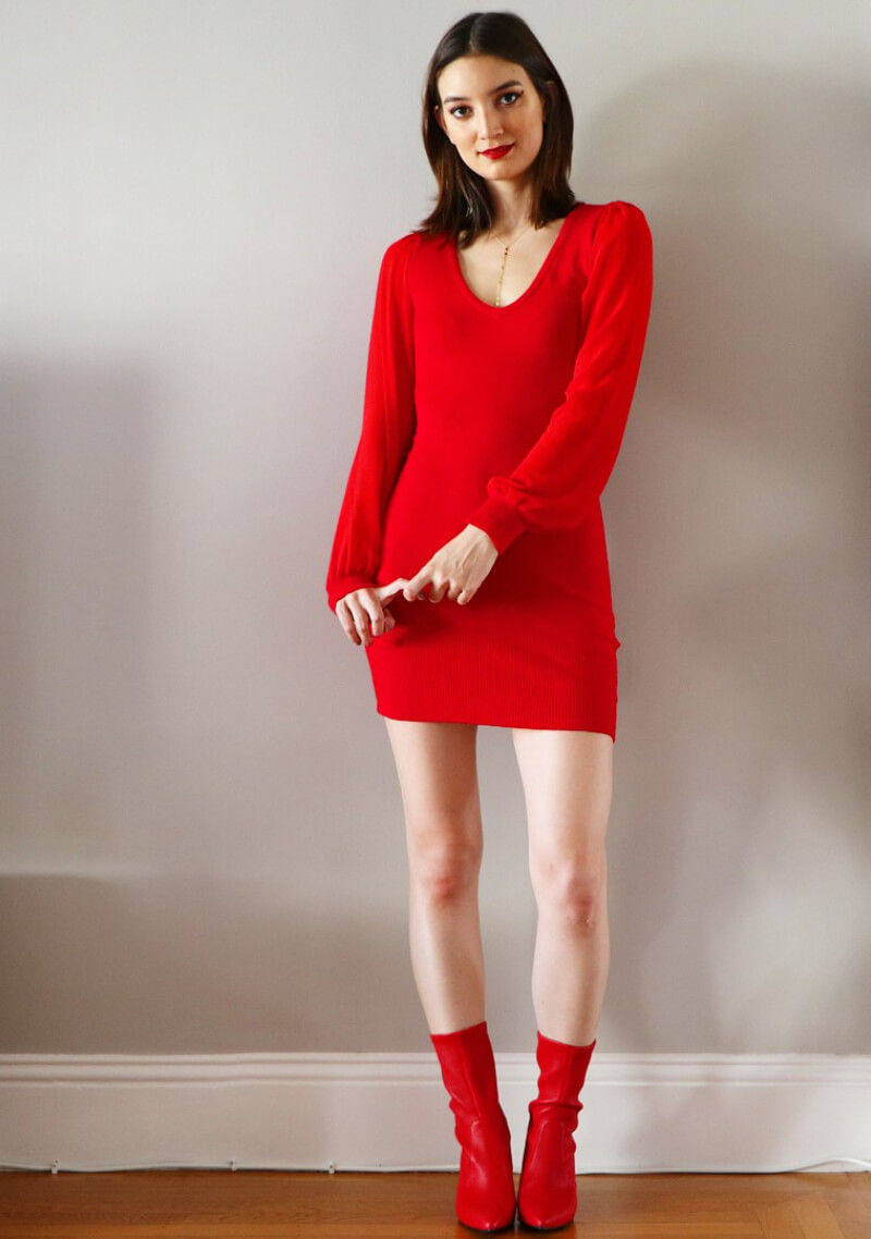 Emily-Mariko-In-Red-Full-sleeves-Short-Dress