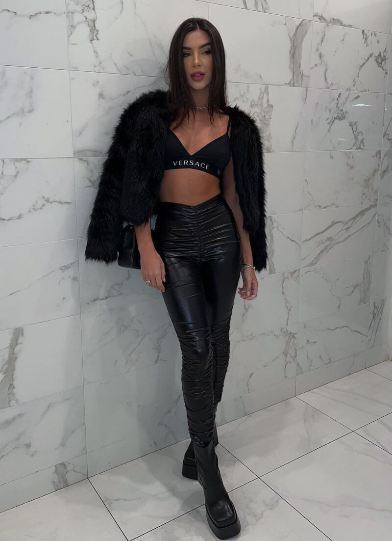 Gabriela Versiani In Black Bralette and Jacket With Leather Pants