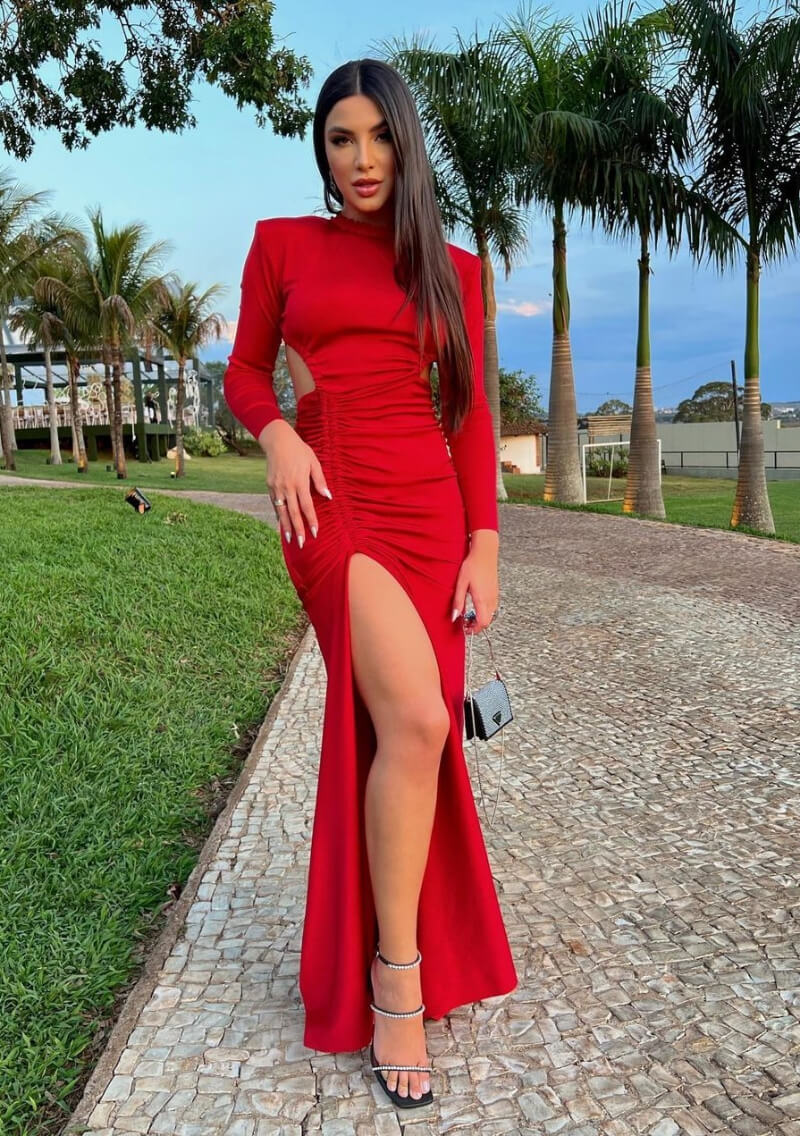 Gabriela Versiani In Red Slit Cut Long Dress