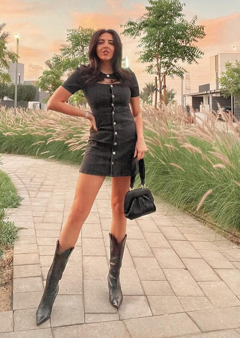 Hadia Ghaleb In Black Button Short Dress