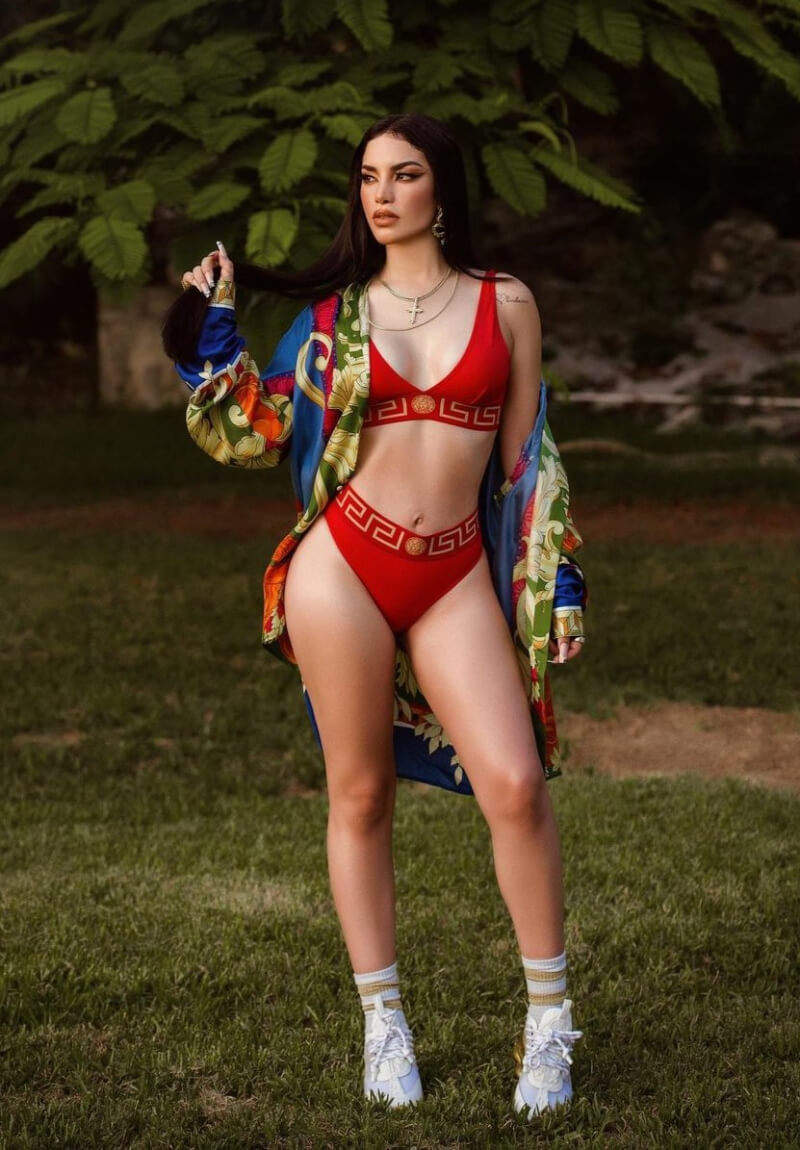 Kimberly Loaiza In Red Bikini With Printed Shrug