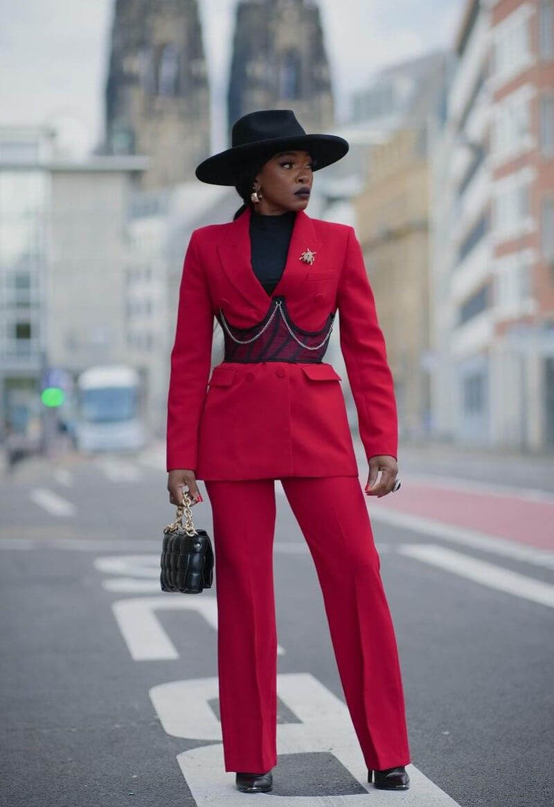 Lady-Nneka In Red Blazer With Pants Outfit