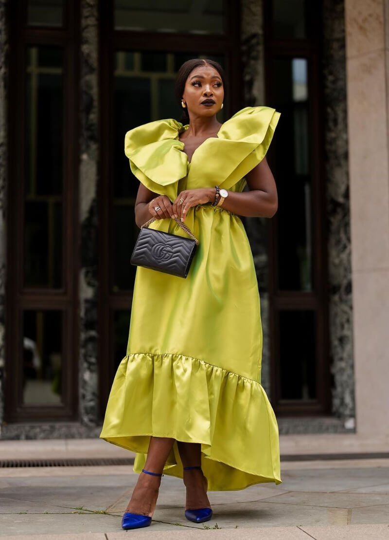 Lady-Nneka In Yellow Baggy Long Ruffle Dress
