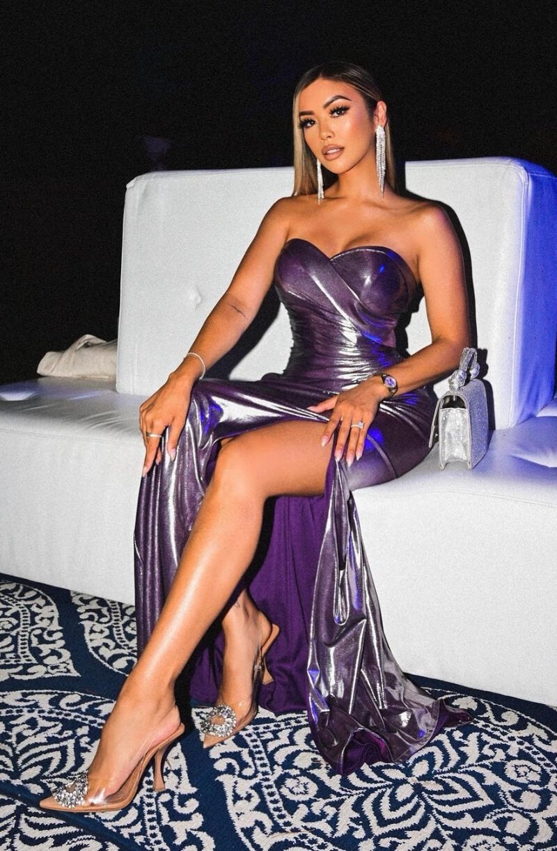 Liane V In Shiny Purple Strapless Slit Cut Long Dress