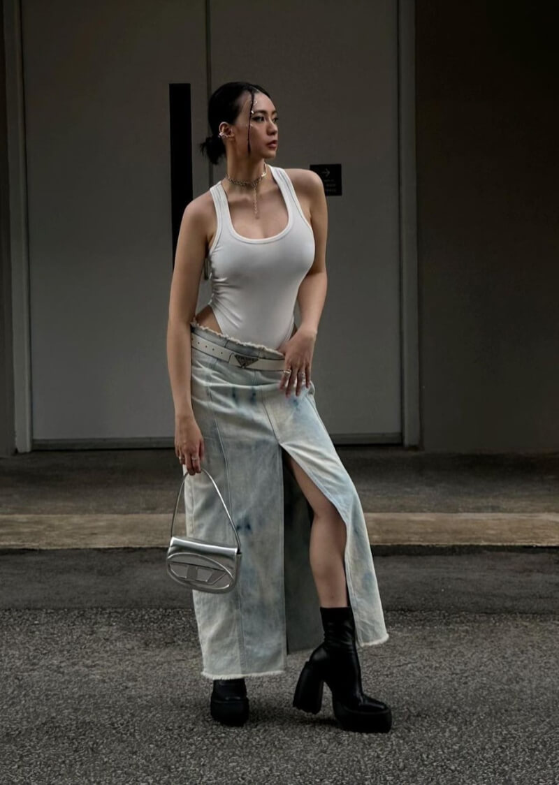 Tamara Dai In White Cami Top With Denim Long Skirt