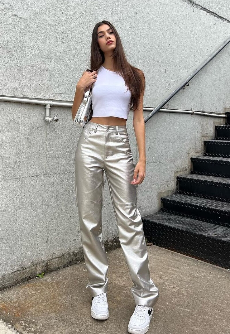 Yaszou In White Crop Top With Silver Pants