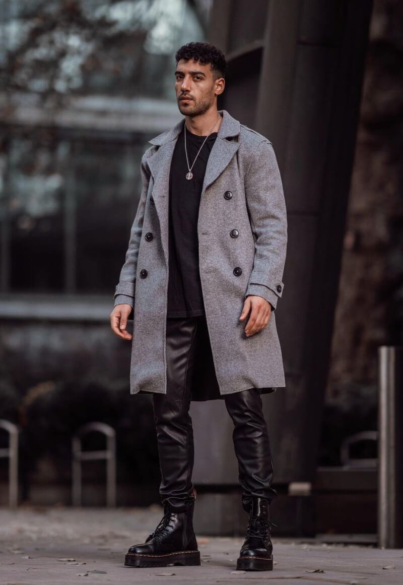 Youss Efesawy In a Grey Long Overcoat with Leather Pants
