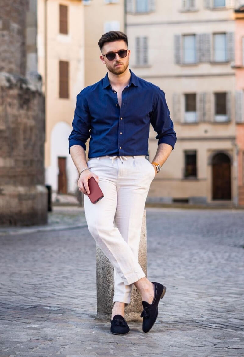 Alessandro Piacenti In Blue Shirt With White Pants