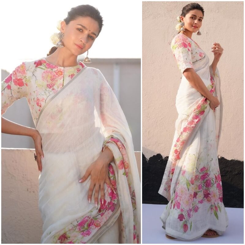 Alia Bhatt In Floral Design Quarter Sleeves Blouse With Sheer Saree 