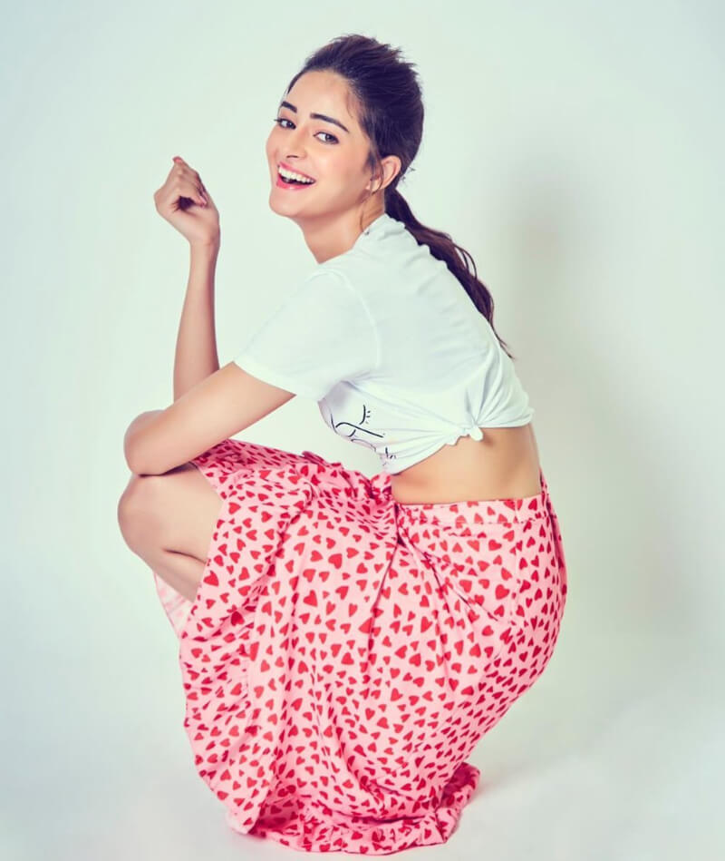 Ananya Panday In White Crop Top With Printed Skirt
