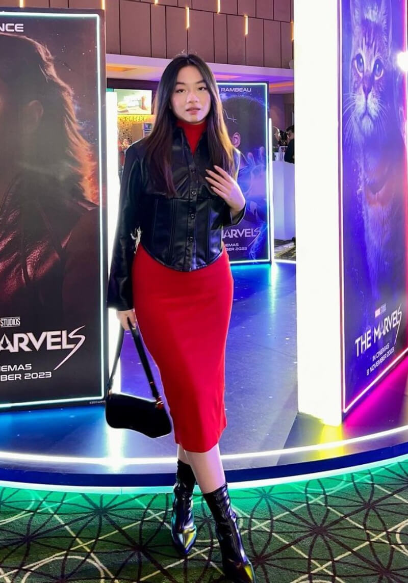 Cathyychang In Red Bodycon Dress With Leather Jacket