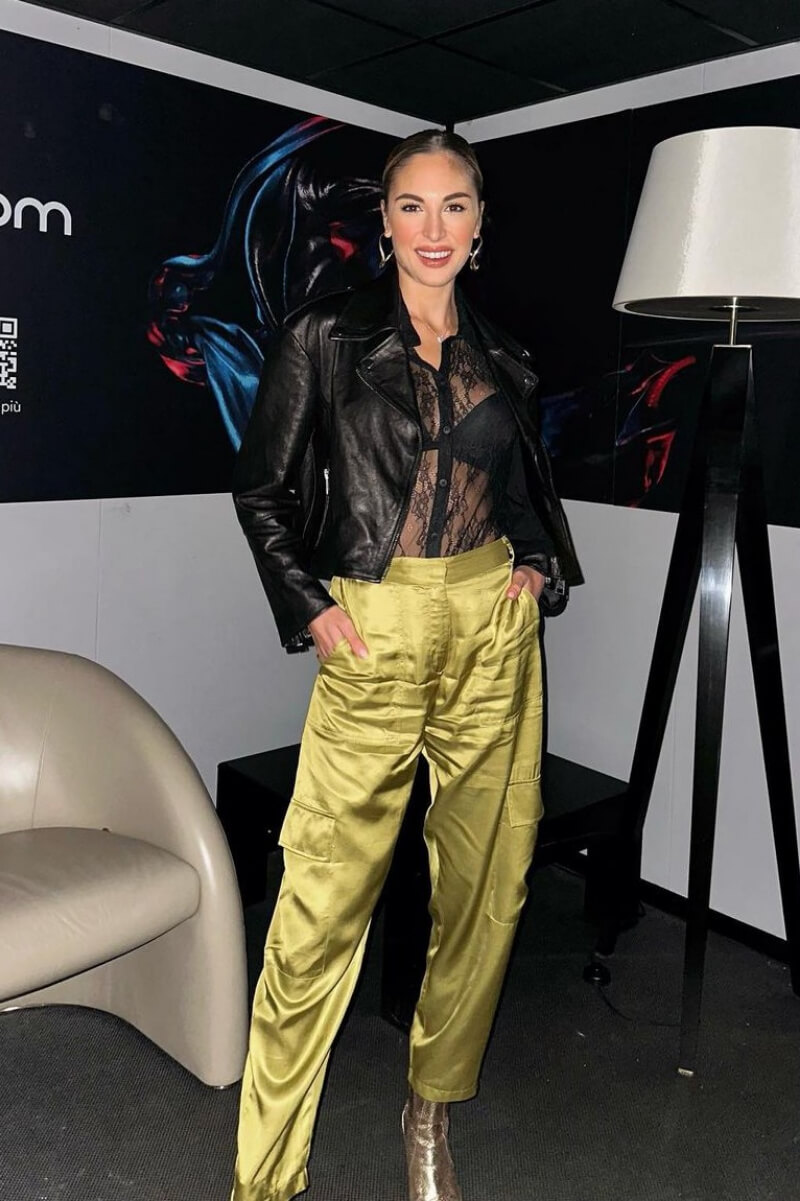 Chiara Giuffrida In Black Leather Jacket With Shiny Pants