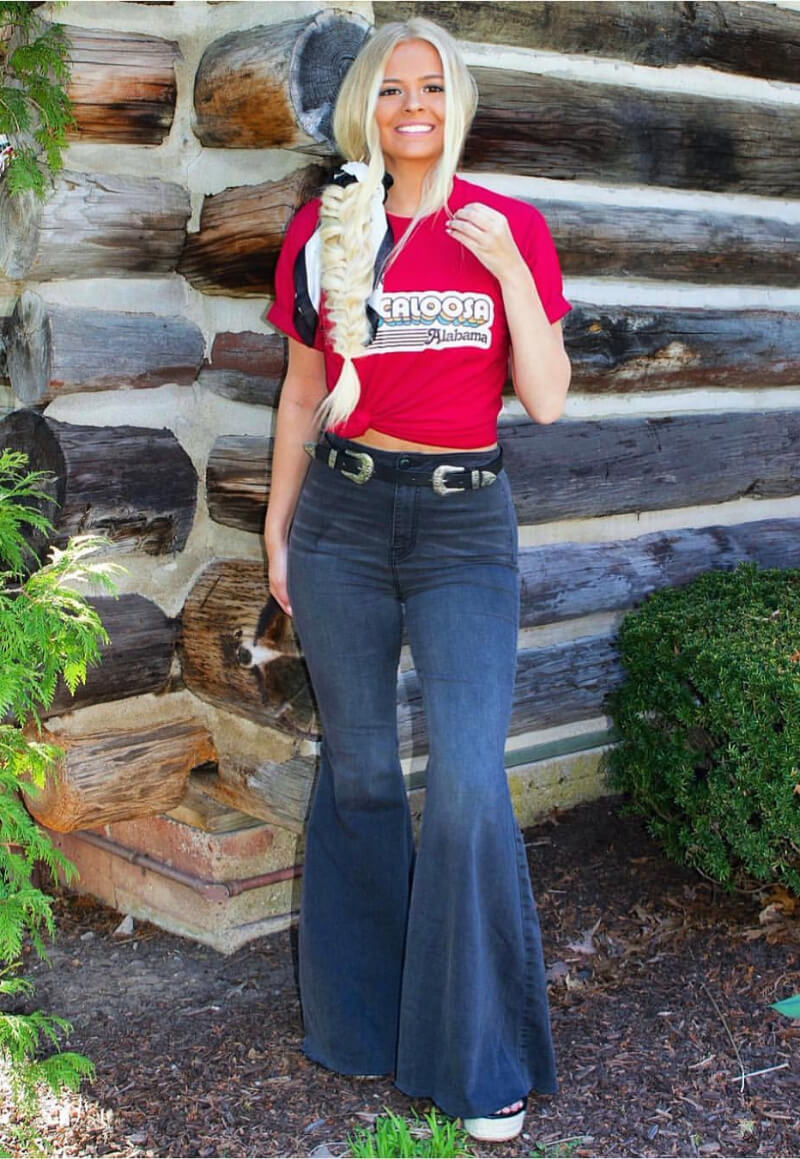 Darcy McQueeny In Red T-shirt With Flare Jeans