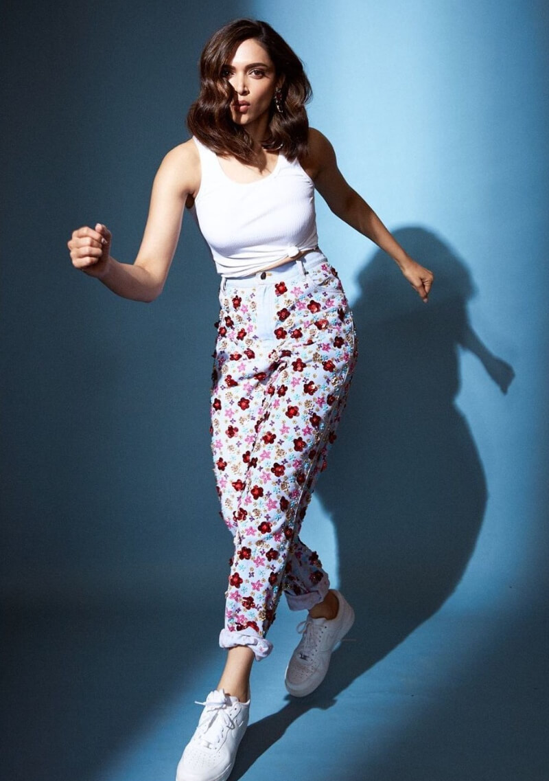 Deepika Padukone In White Crop Top With Printed Pants