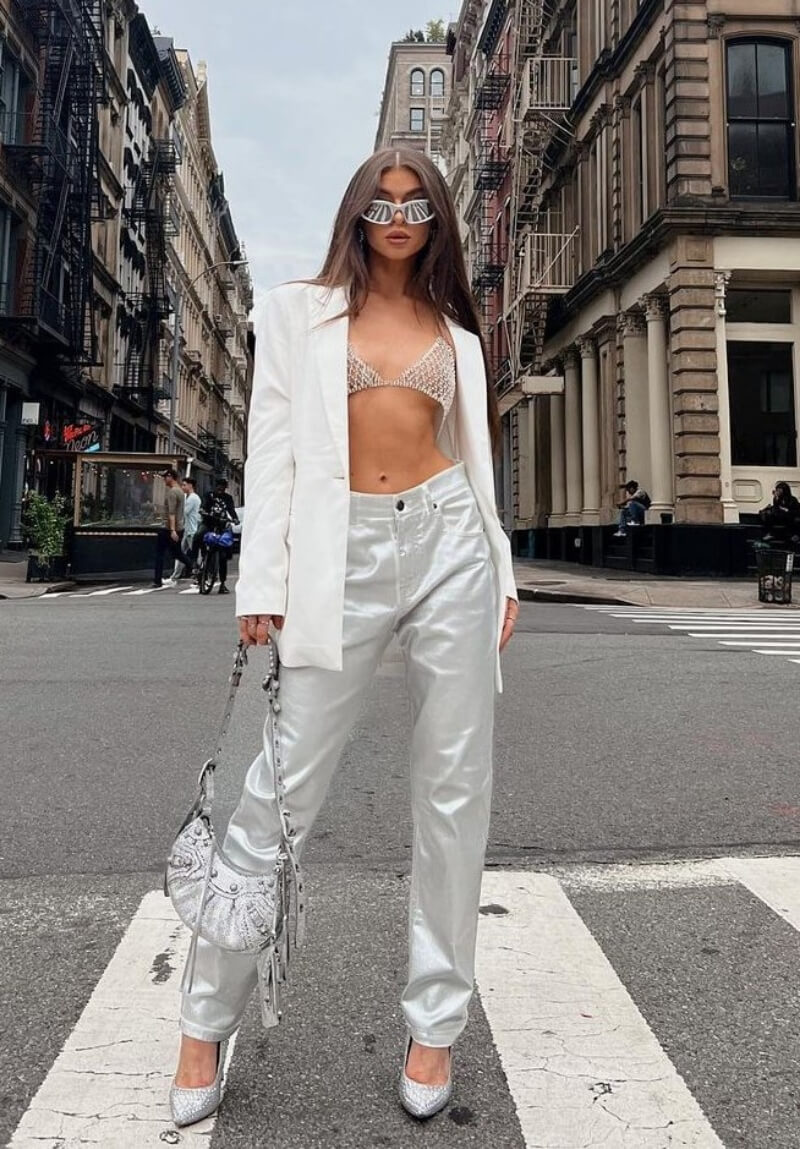Gabi Daiagi In White Long Blazer With Shiny Pants