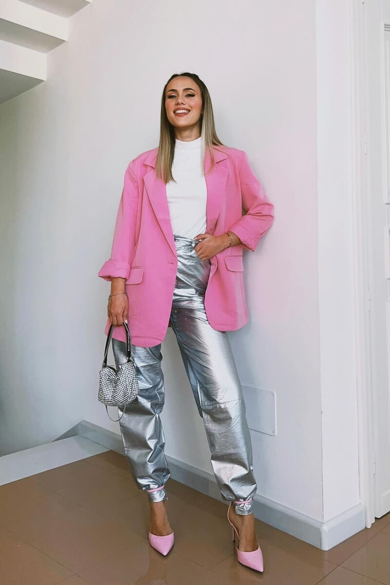 Gloria Schito In Pink Blazer With Metallic Pants