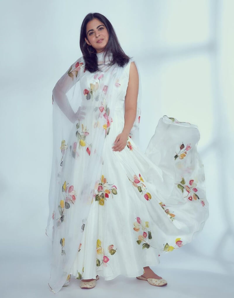 Isha Ambani In White Chiffon Printed Frock Suit