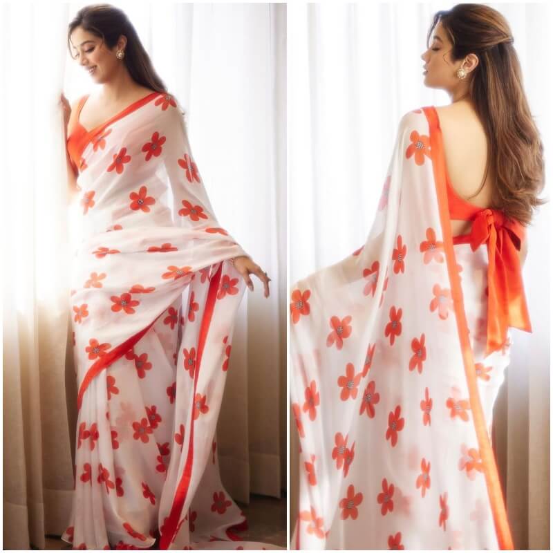 Janhvi Kapoor In Orange Floral Print saree and back Bow Blouse Designs 