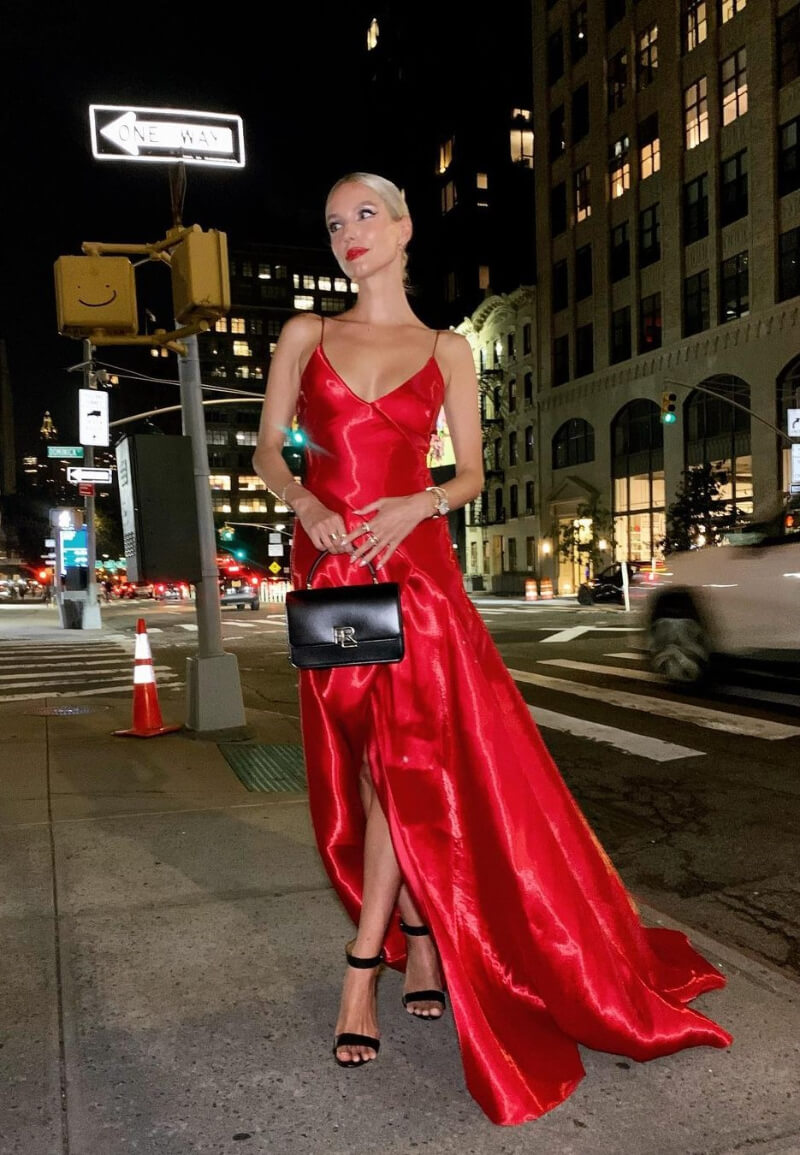 Leonie Hanne In Red Long Flare Gown