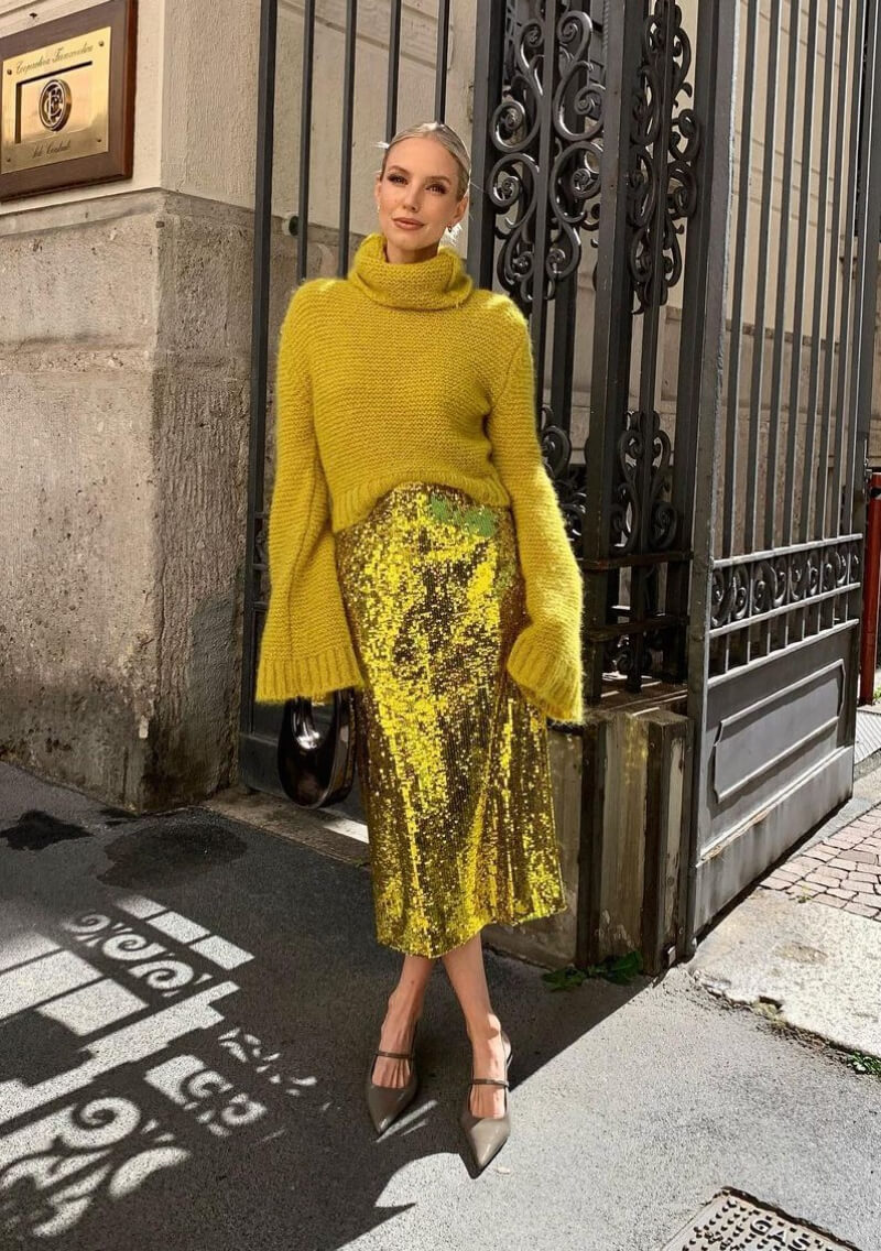 Leonie Hanne In Yellow Baggy Sweater With Sequence Skirt Outfit