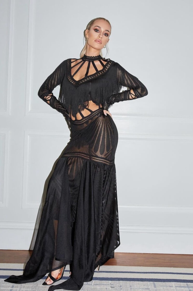 Lottie Tomlinson In Black Cut-Out Long Ruffle Dress