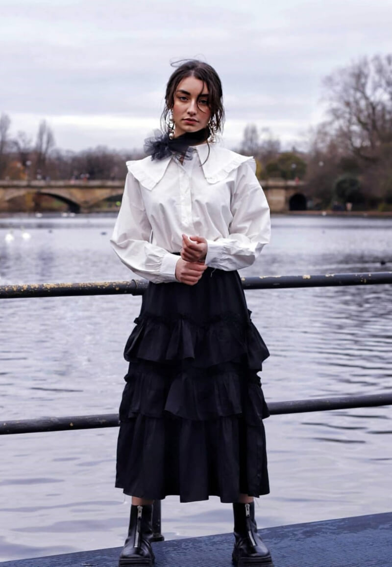 Marygrace Tropeano In White Shirt With Frill Skirt Outfit