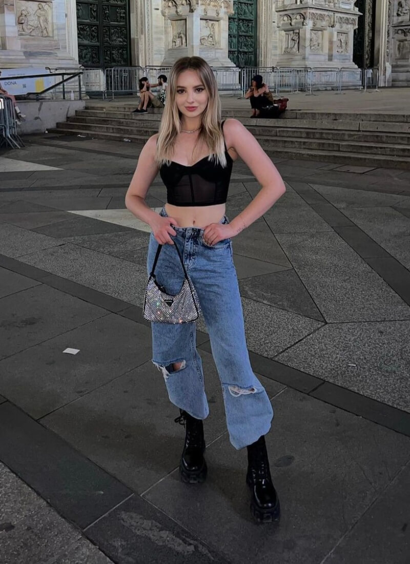 Oks Dane In Black Crop Top With Ripped Jeans
