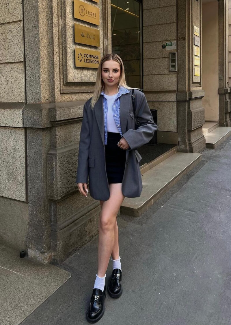 Oks Dane in Grey Long Blazer With Mini Skirt