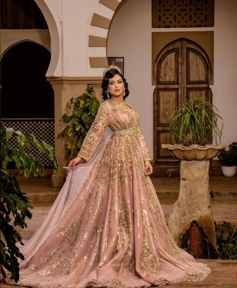 Oumi Amani In Golden Embroidery Long Flare Gown