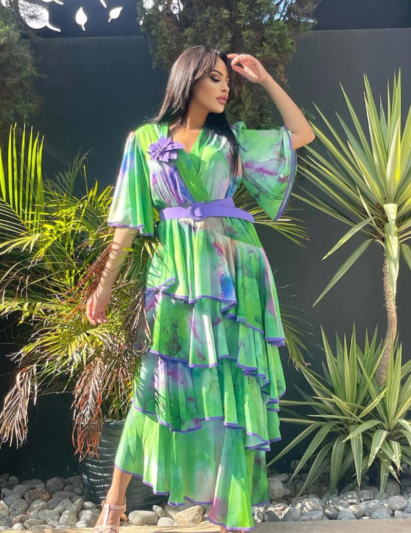 Oumi Amani In Green Printed Frill Long Dress