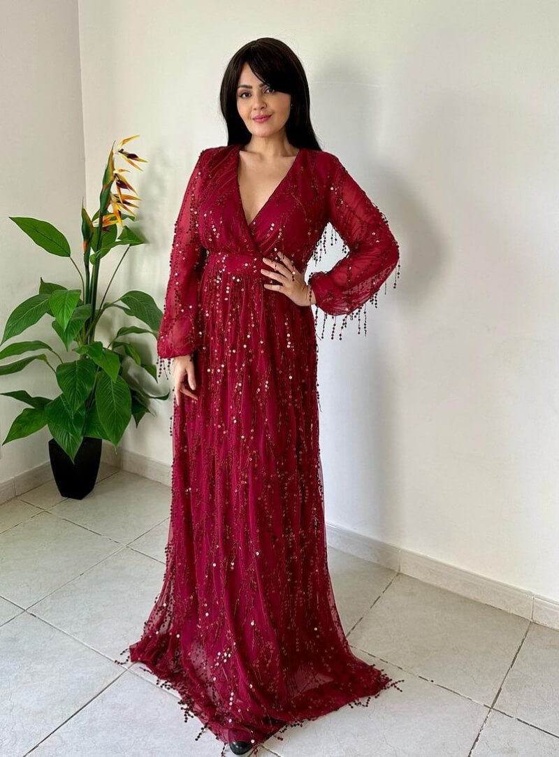 Rania Ali In Red Shimmery Long Gown Dress