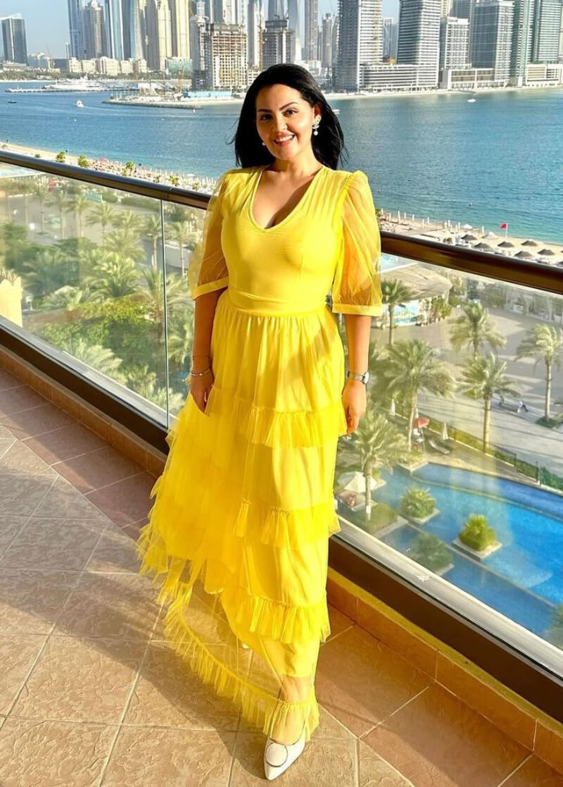Rania Ali In Yellow Frill Long Gown