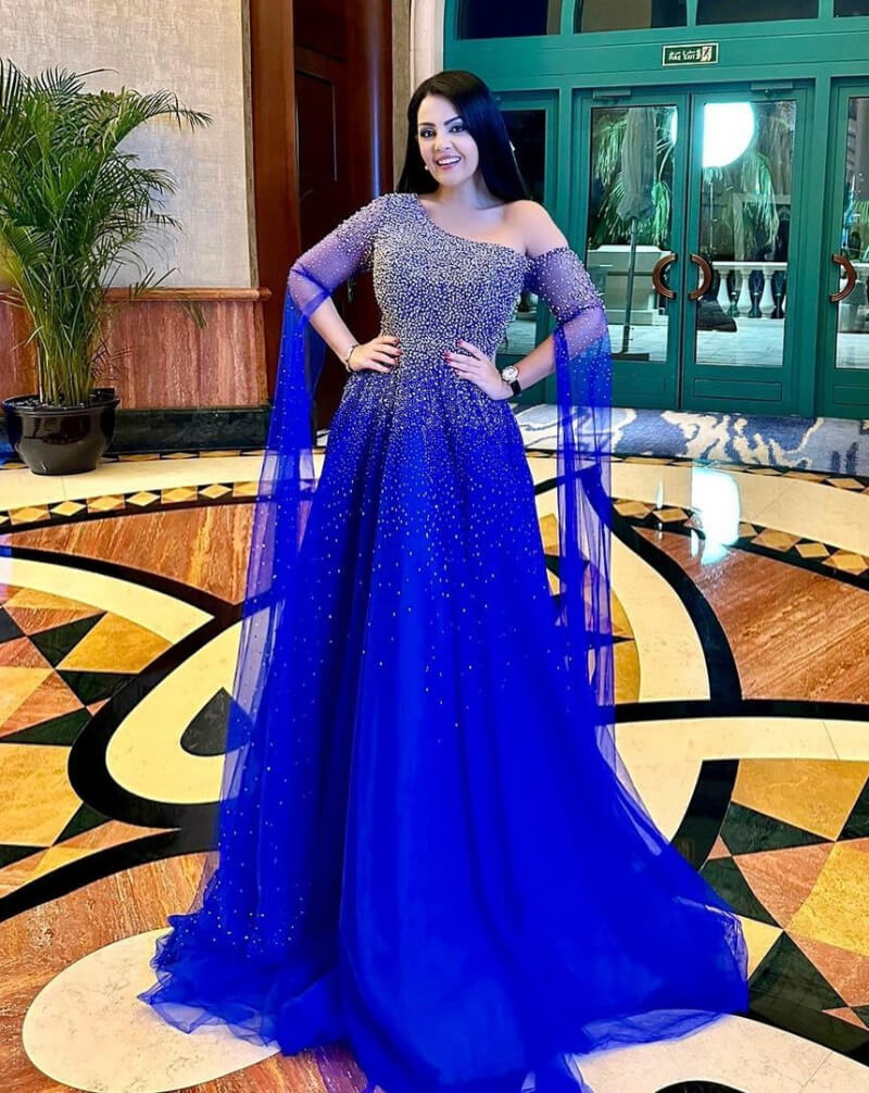 Rania Aliin Blue Shimmery Long Flare Gown