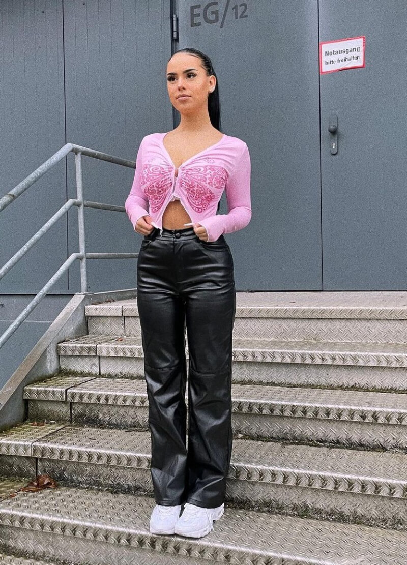 Romy Luisa In Pink Top With Leather Pants