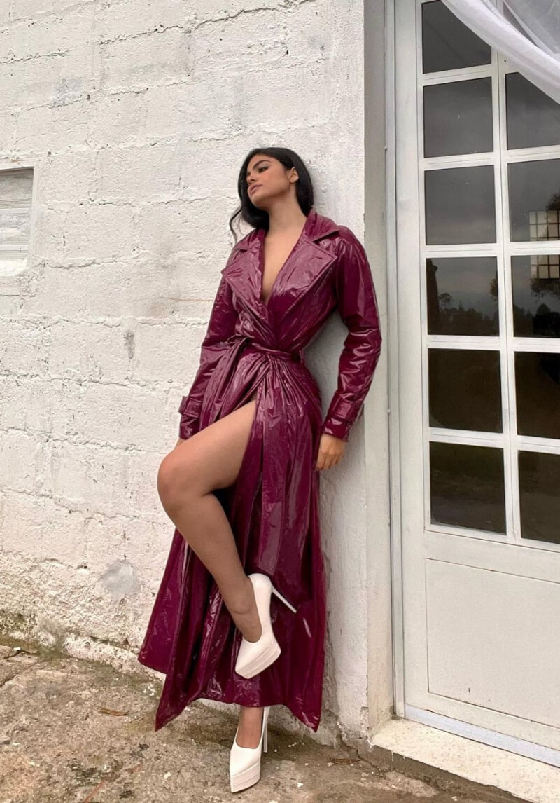 Sara Orrego In Red Wine Leather Slit Cut Long Dress