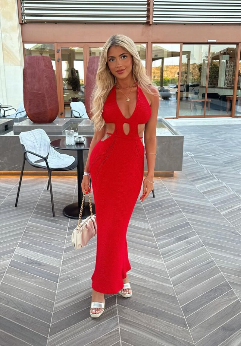 Shenny Kaplan In Red Cut Out Long Dress