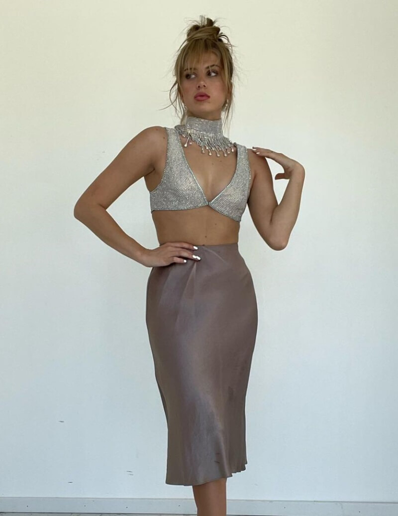 Sterling Monett In Shimmery Bralette With Skirt Outfit