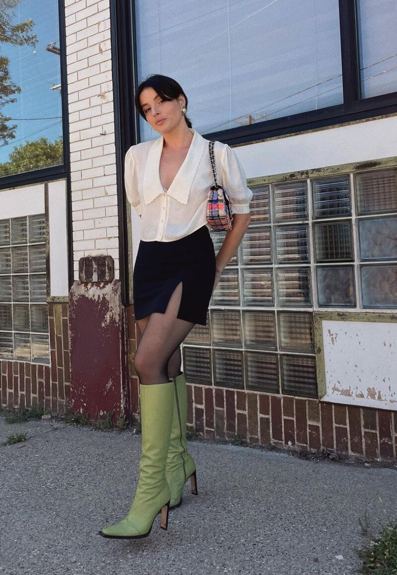 Taylor Hage In Off White Shirt With Mini Skirt