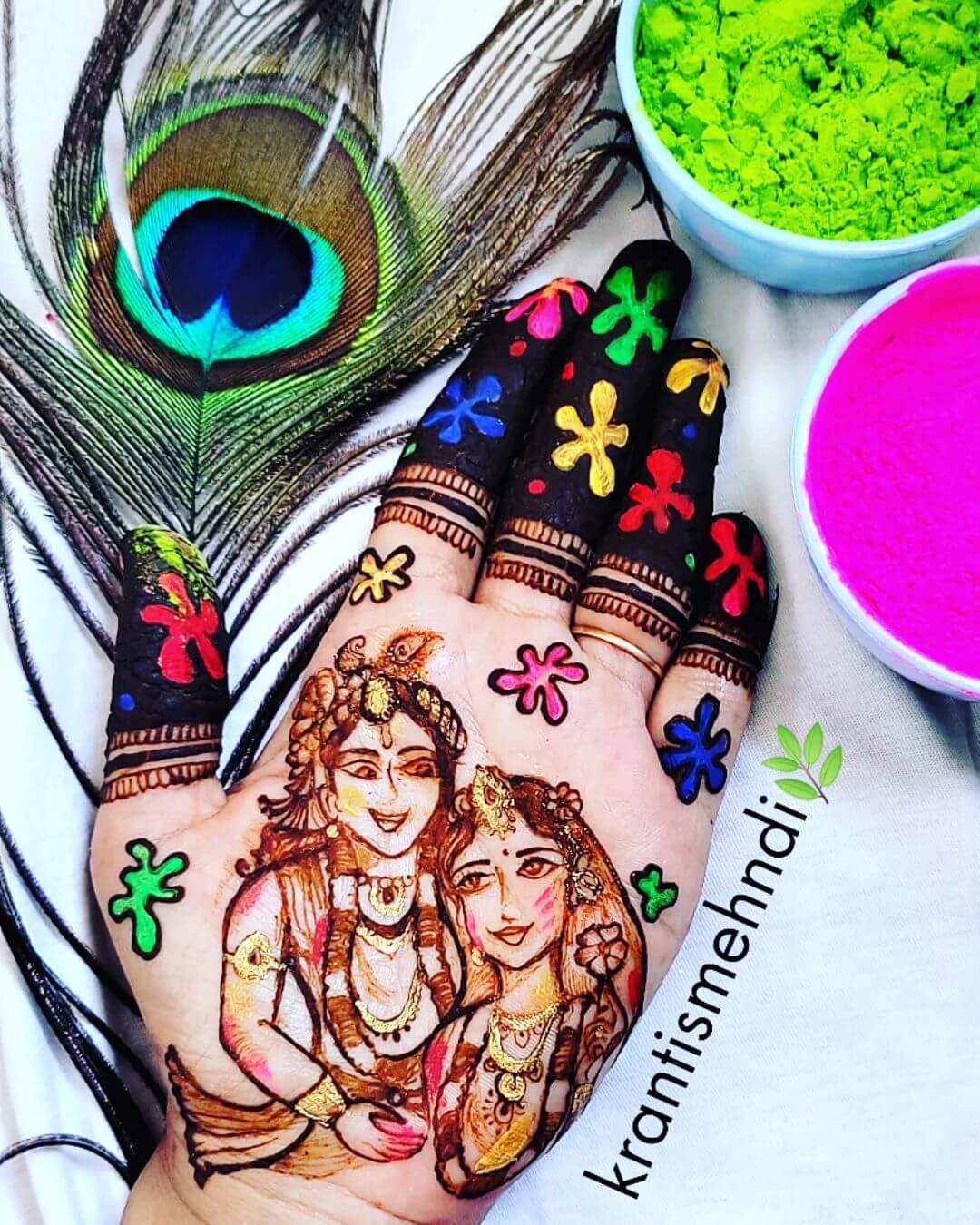 Cute Radhe Krishna Front Hand Colorful Holi Mehndi Design