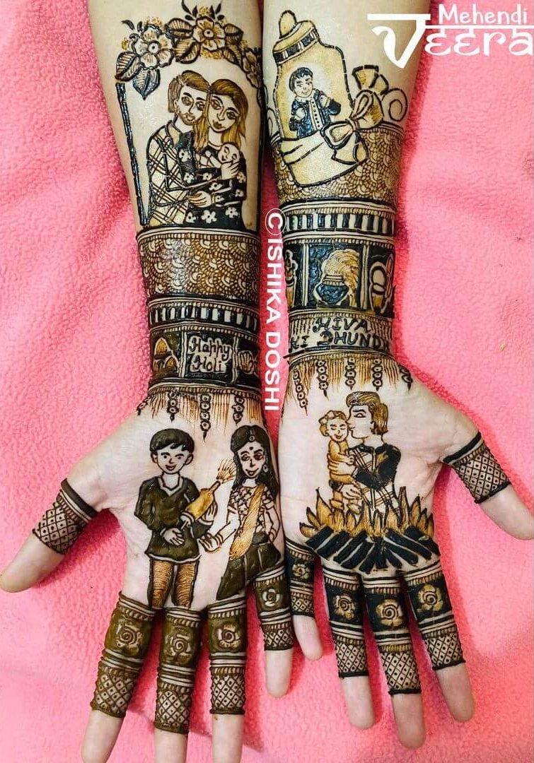 Elegant Holi-Themed Portrait Mehndi Designs for full Hand