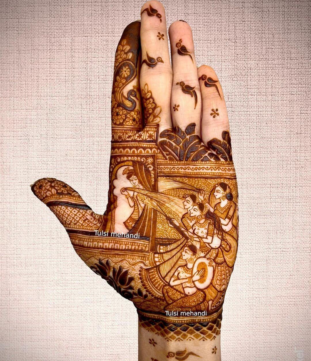 Elegant Women Playing Holi Art Mehndi Design for Left Hand