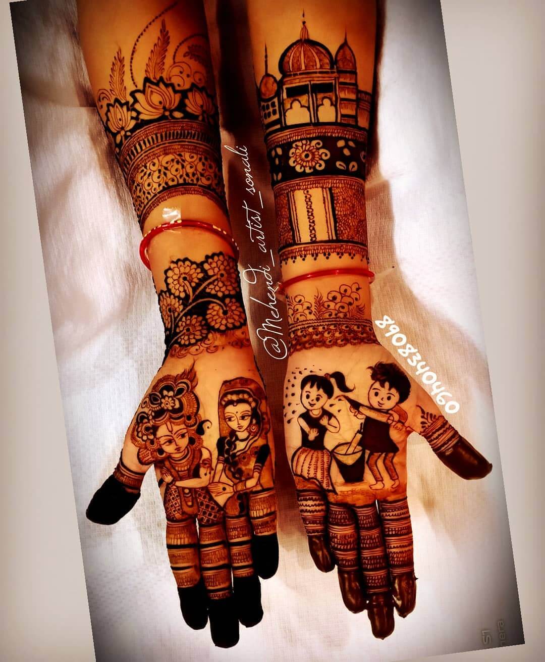 Full Hand Mehndi Design With Radha Krishna And Floral Motifs For Holi