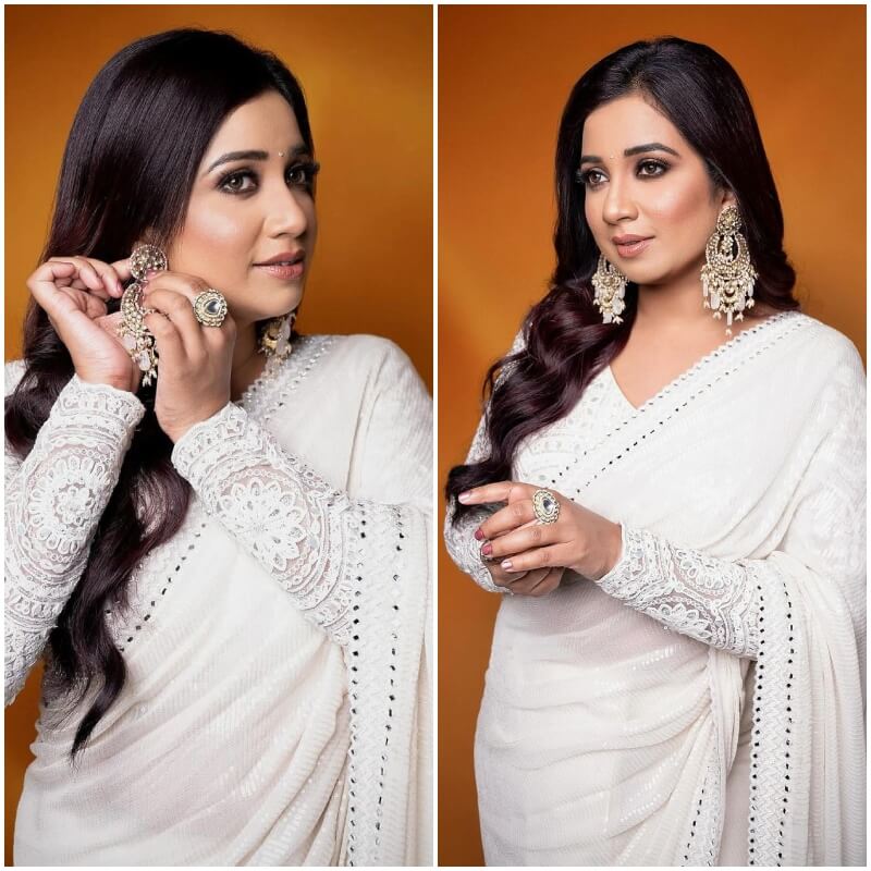 Shreya Ghoshal In White Embroidery Full Sleeves Blouse