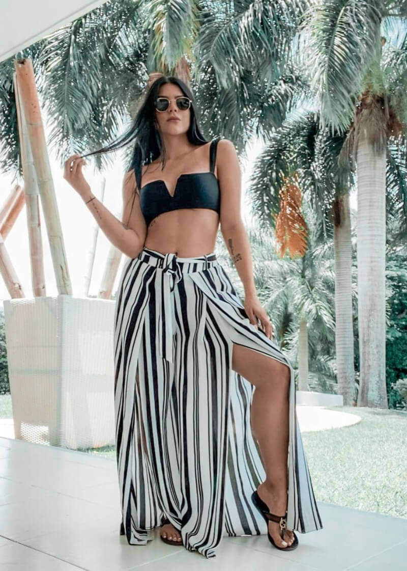 Katalina In Black Bralette With Striped Long Skirt
