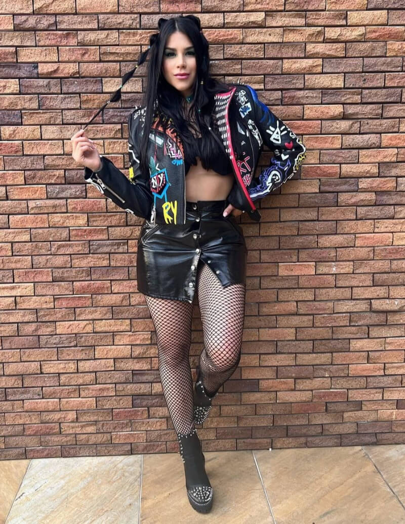 Katalina In Graphic Print Jacket With Leather Mini Skirt