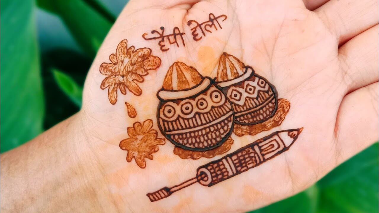 Simple Kids Mehndi Design with Filled Holi Color Pot for Beginners