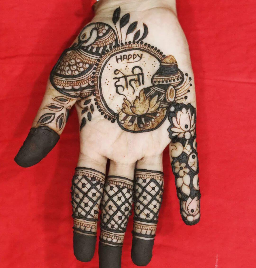 Unique Mehndi Design With Peacock and Lotus Motifs For Holi