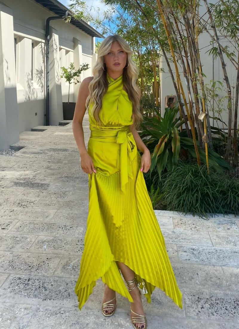 Acquired Style In Neon Satin Long Dress
