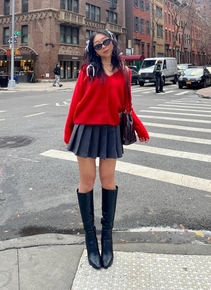 Amazingishgrace In Red Woven Pullover With Pleated Mini Skirt